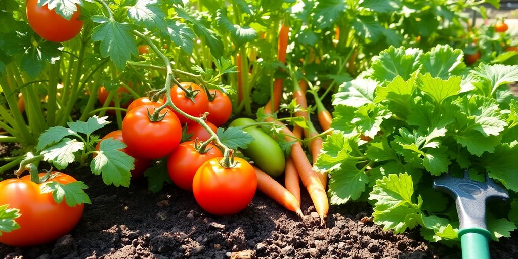 Colorful home vegetable garden with fresh vegetables and plants.