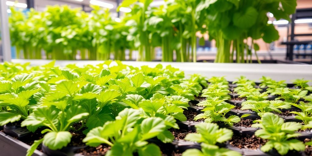 Lush green plants in a hydroponic garden setup.