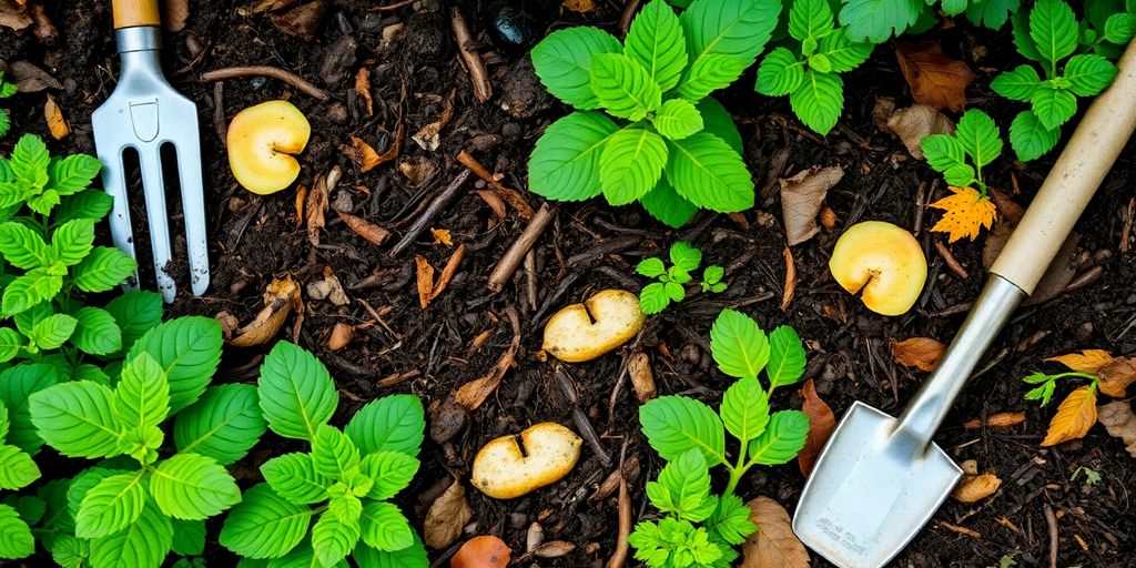 A lush compost pile with garden tools and plants.