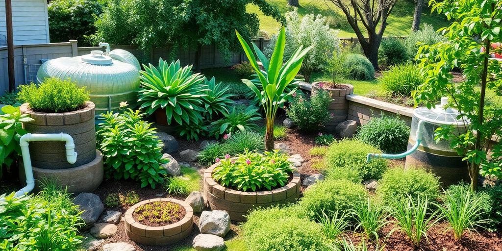 Landscape with water conservation methods and lush greenery.