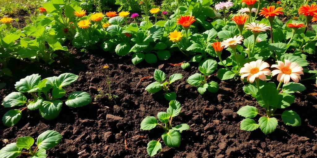 Lush garden with vegetables and poultry manure enriched soil.