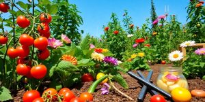 Colorful fruits and vegetables in a lush garden.