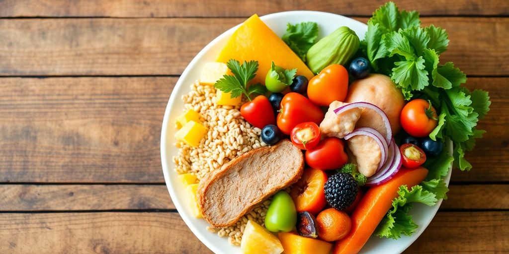 Colorful fruits and vegetables on a rustic wooden table.