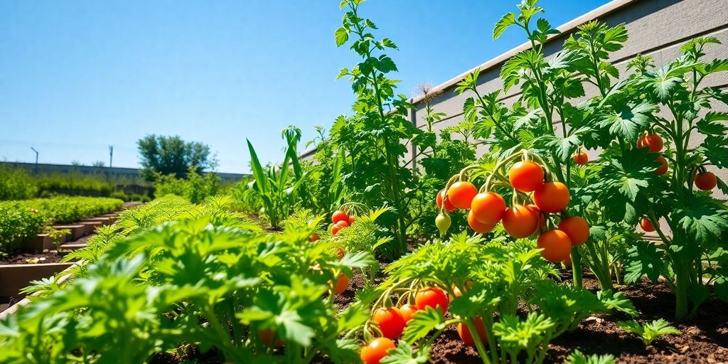 A colorful vegetable garden with ripe produce and greenery.