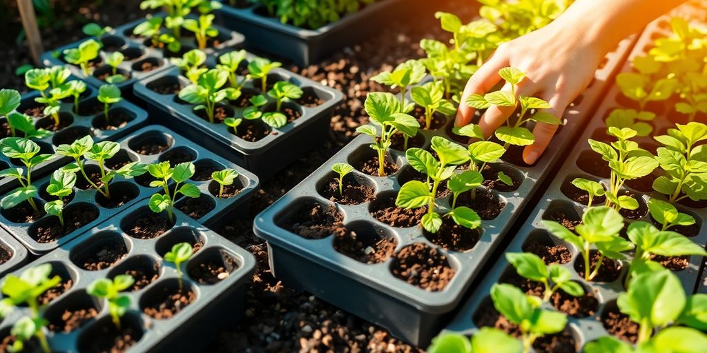 Gardener tending to seedlings in a sunny garden.