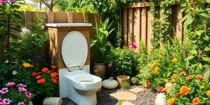 Composting toilet in a vibrant, green garden setting.