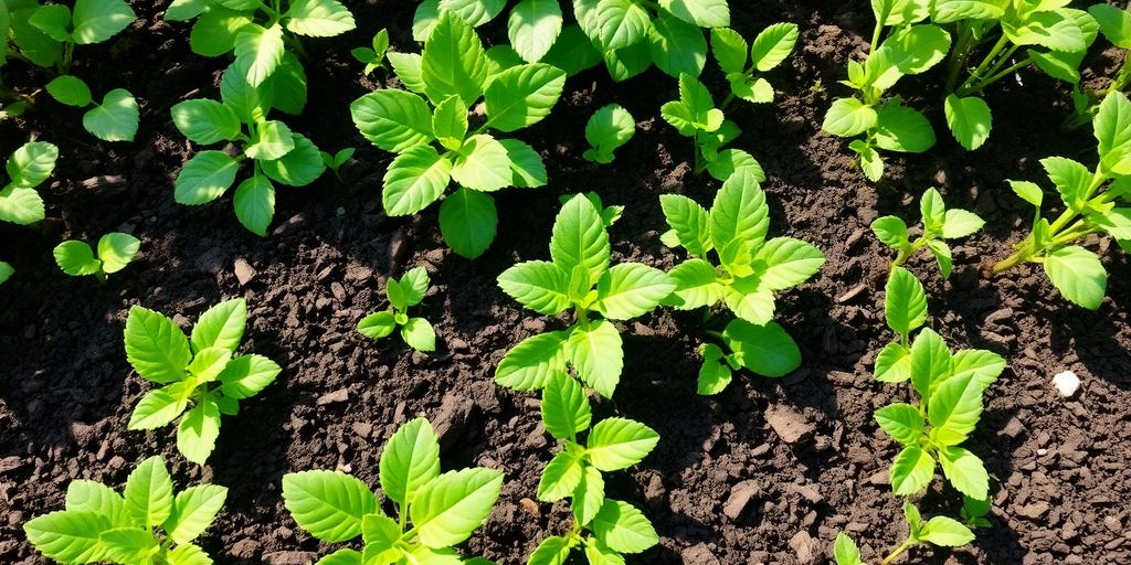 Lush plants growing in rich, dark compost in garden.