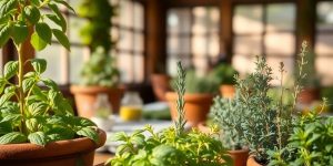 Indoor herb garden with basil, rosemary, and thyme.