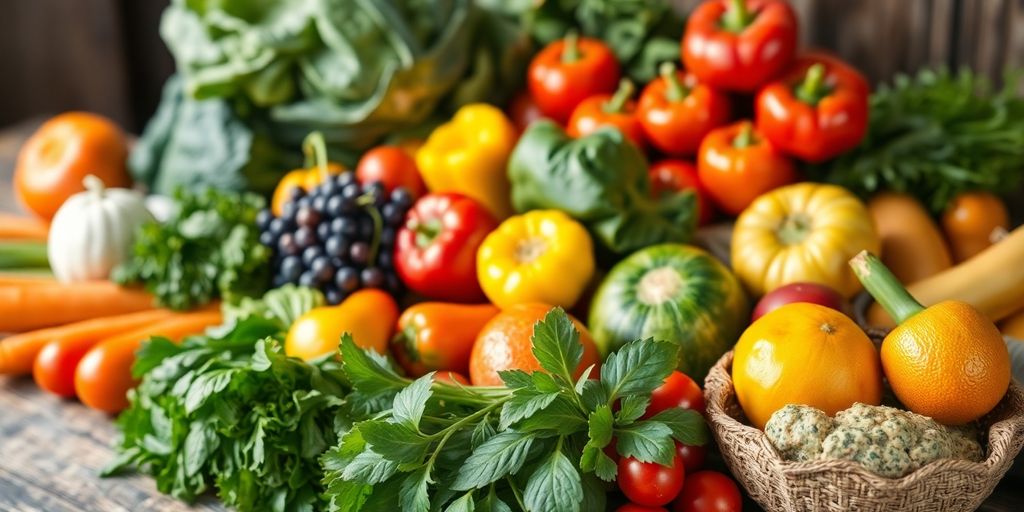 Fresh local fruits and vegetables on a wooden table.