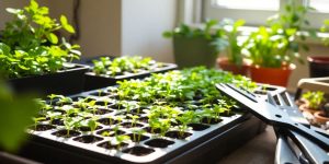 Seedlings growing indoors with sunlight streaming in.