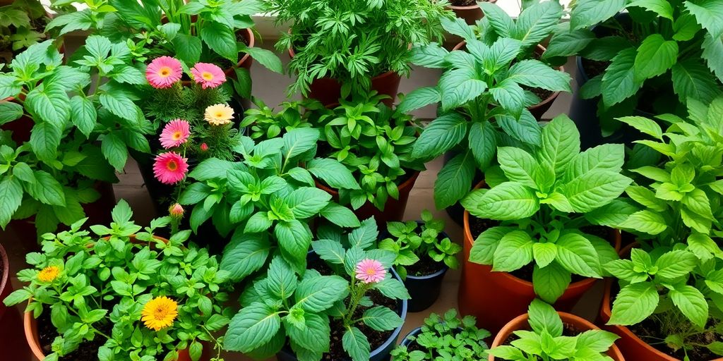 Indoor garden with lush plants in colorful pots.