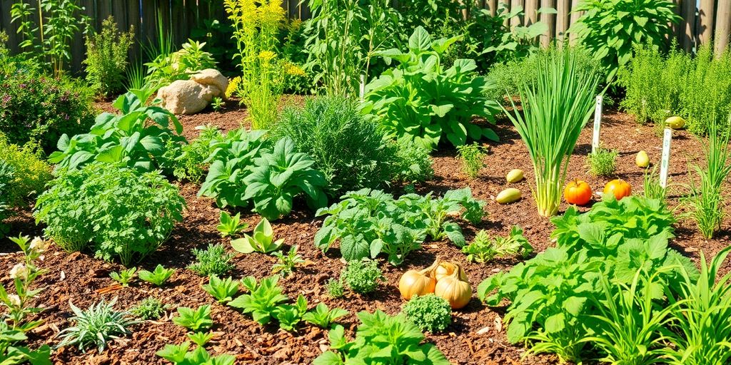 Colorful permaculture garden with diverse plants and herbs.