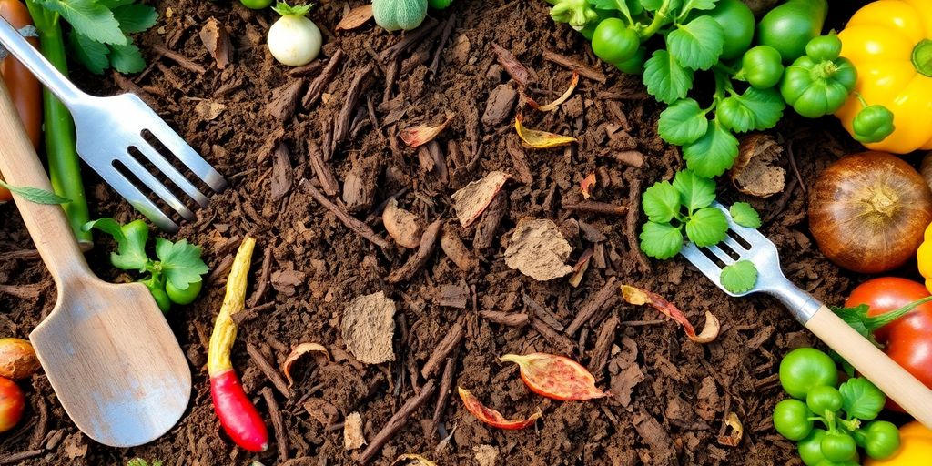 A vibrant compost pile with vegetables and garden tools.