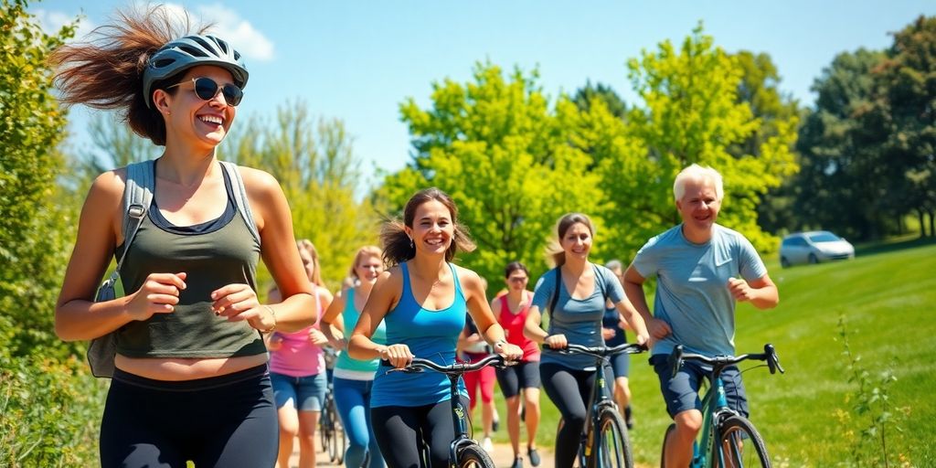 Group of people enjoying outdoor fitness activities in nature.