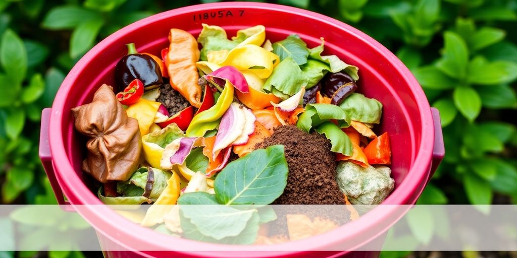 Colorful compost bucket with organic waste in a garden.