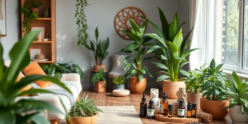 Calm wellness space with plants and holistic health elements.