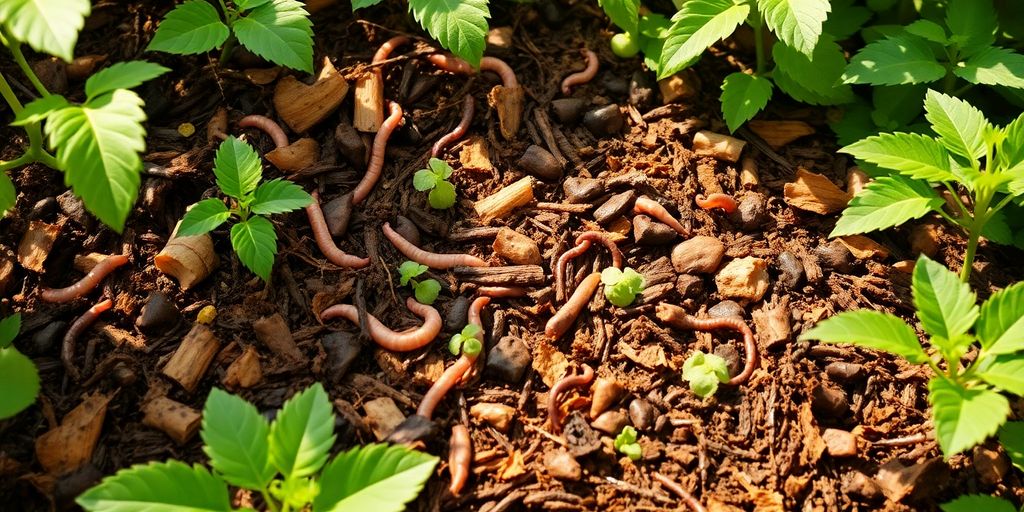 Compost pile with vegetables and plants in sunlight.