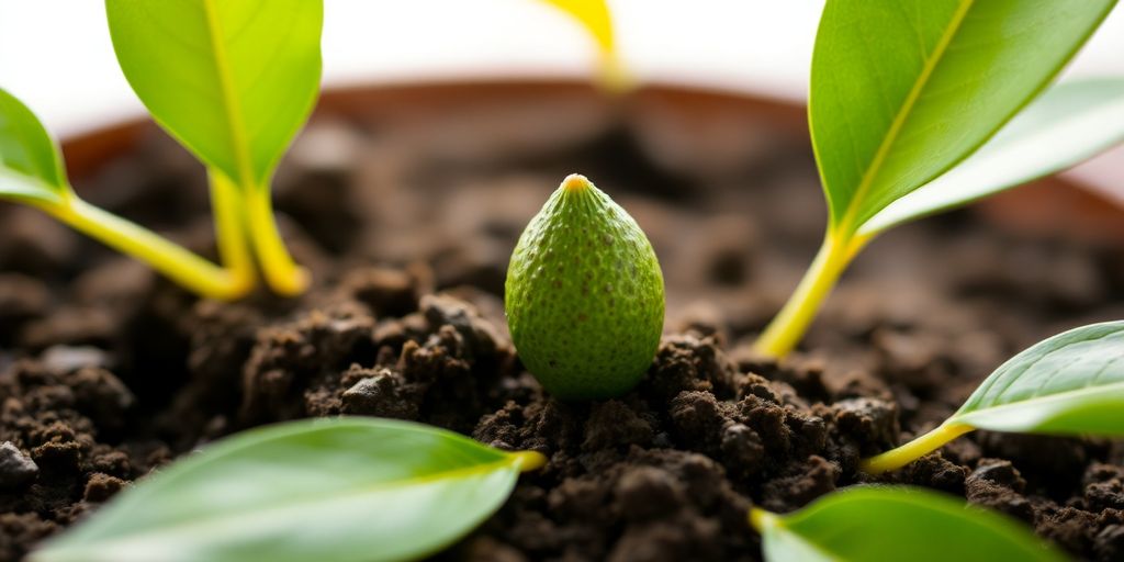 Avocado seed sprouting indoors with green leaves.