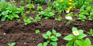 Vibrant garden with layered soil and thriving plants.