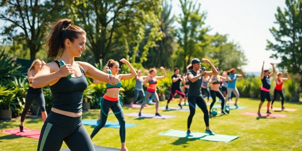 Group exercising outdoors with fitness equipment and nature.