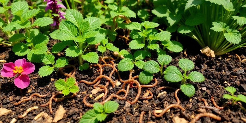 Healthy garden with earthworms and rich soil.