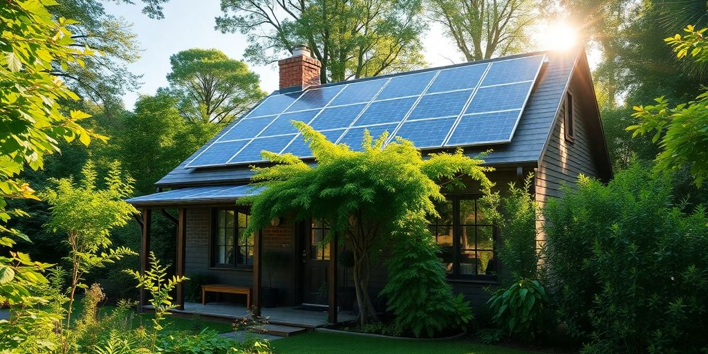 Eco-friendly home with solar panels and a garden.