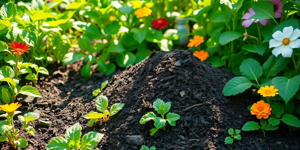 Garden with healthy plants and rich compost in sunlight.