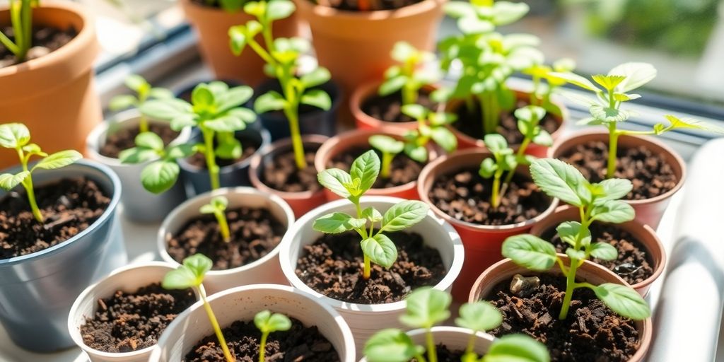 Young indoor garden plants in pots on a windowsill.