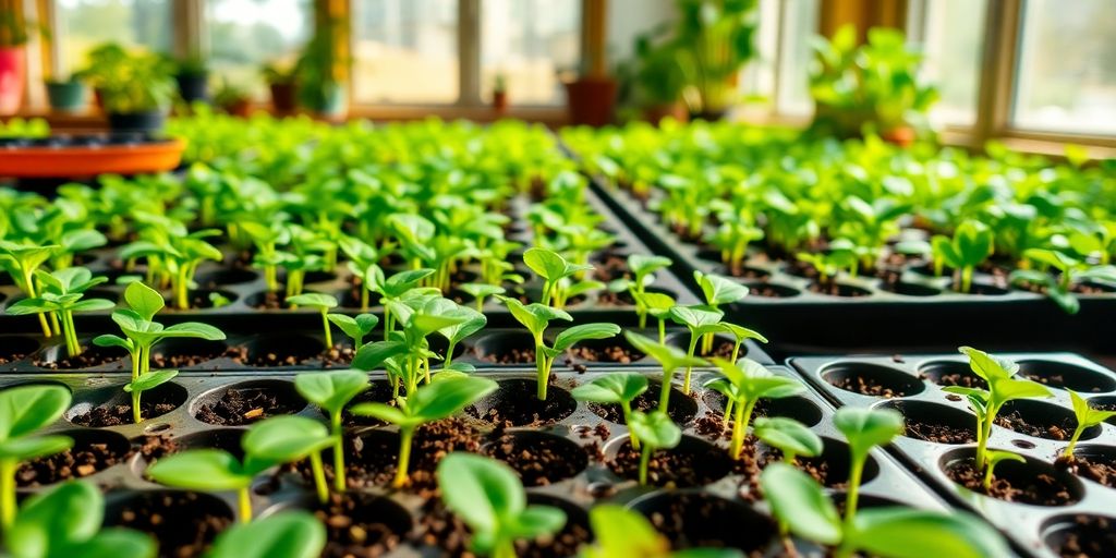 Indoor garden seedlings in trays under bright sunlight.