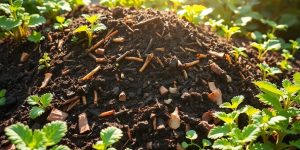 Vibrant compost pile with organic scraps and green plants.