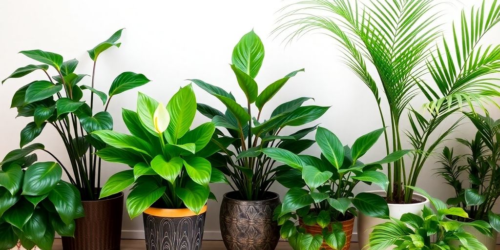 Various house plants beginning with P in decorative pots.