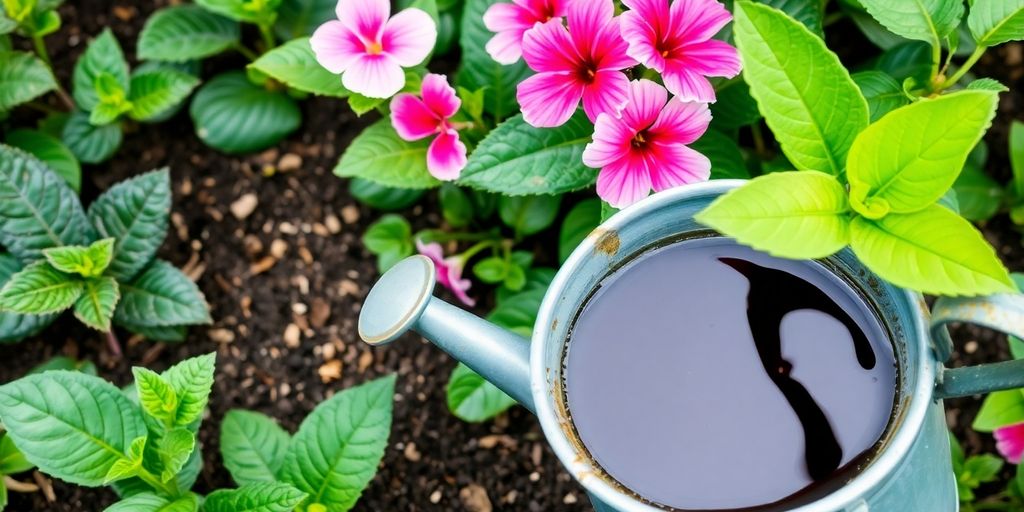 Healthy plants thriving with compost tea in a garden.