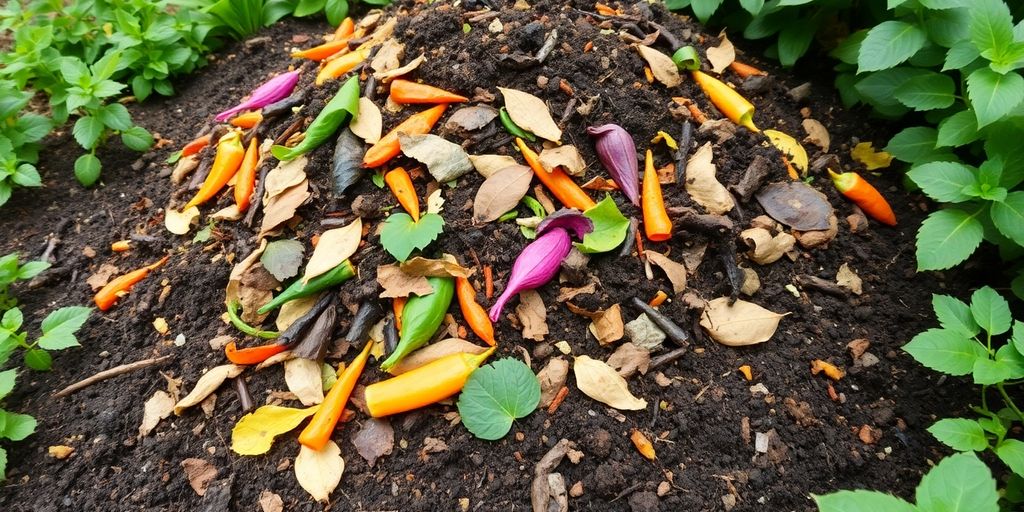 Colorful compost heap in a lush garden setting.