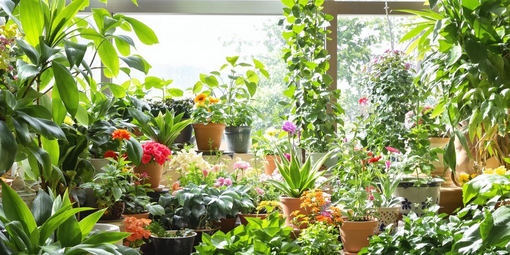 Indoor garden with lush plants and colorful flowers.