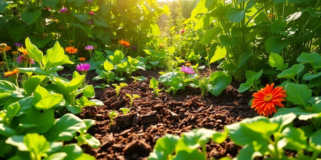 Vibrant garden with healthy plants and mushroom compost.