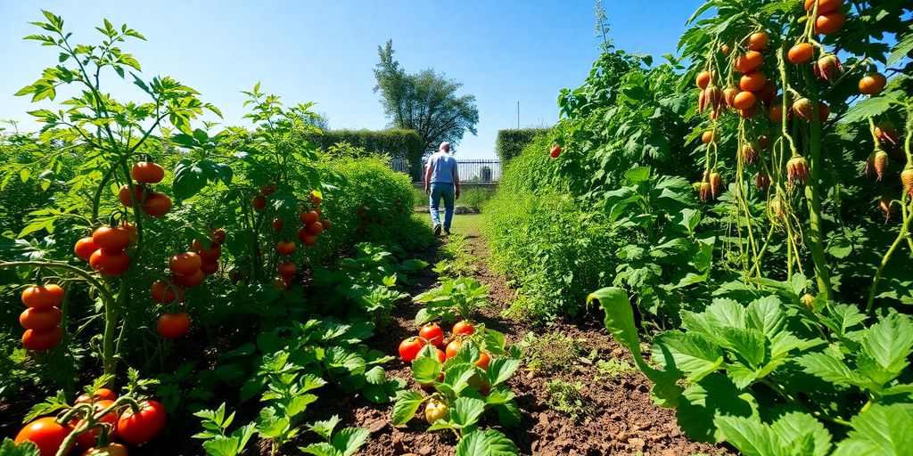 Lush vegetable garden with diverse plants and sunlight.