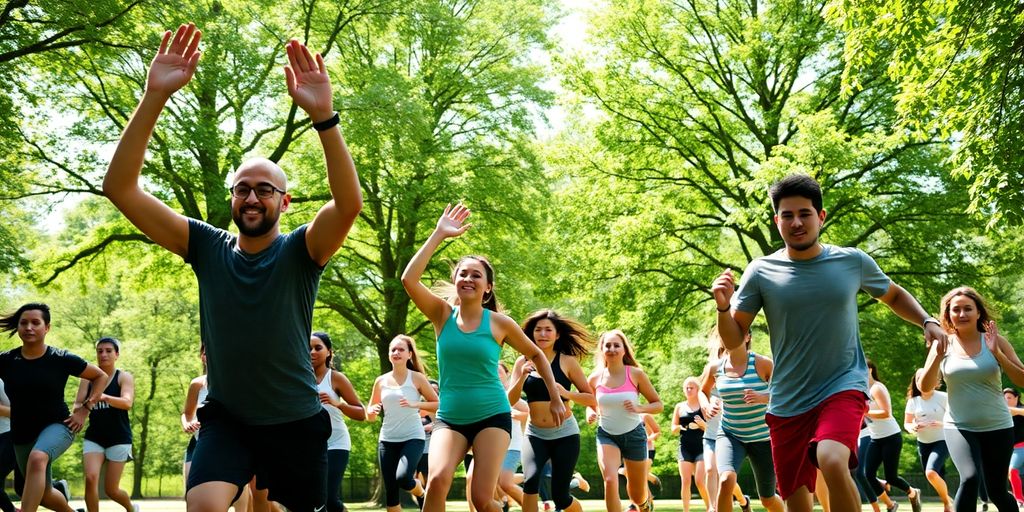 Group exercising outdoors with trees and sunlight.