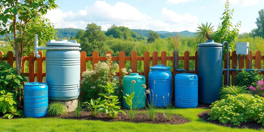 Various water conservation techniques in a vibrant landscape.