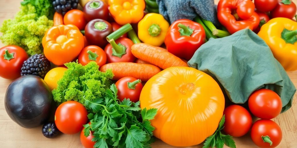 Colorful fruits and vegetables on a wooden table.