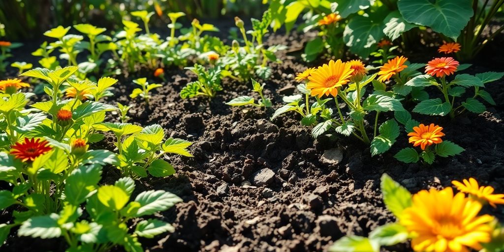 Vibrant garden with healthy plants and rich compost soil.