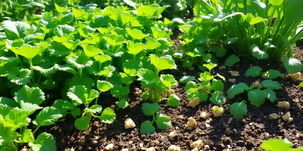 Lush garden with crops and poultry manure scattered around.