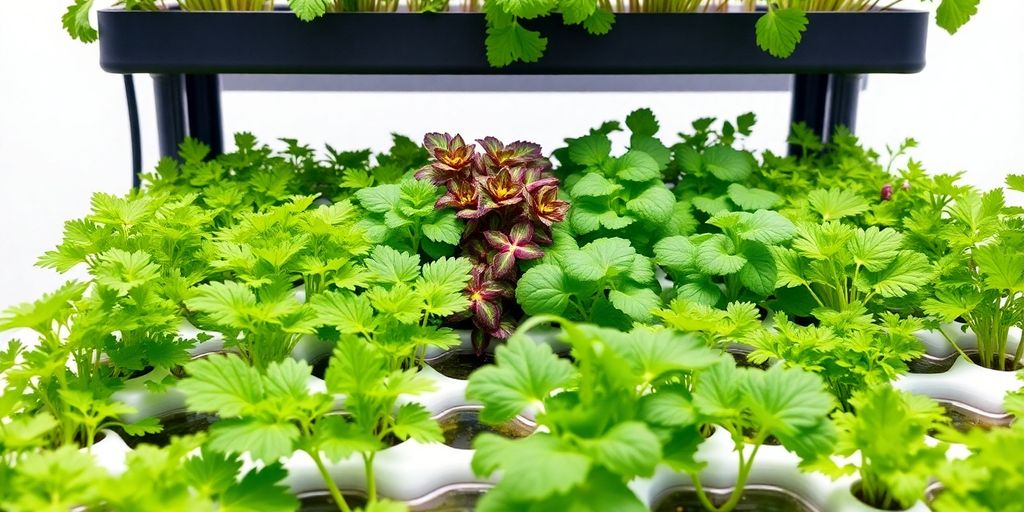 Lush green plants in a hydroponic garden setup.