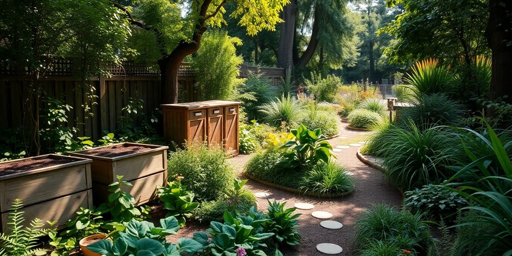 Lush permaculture garden with diverse plants and pathways.